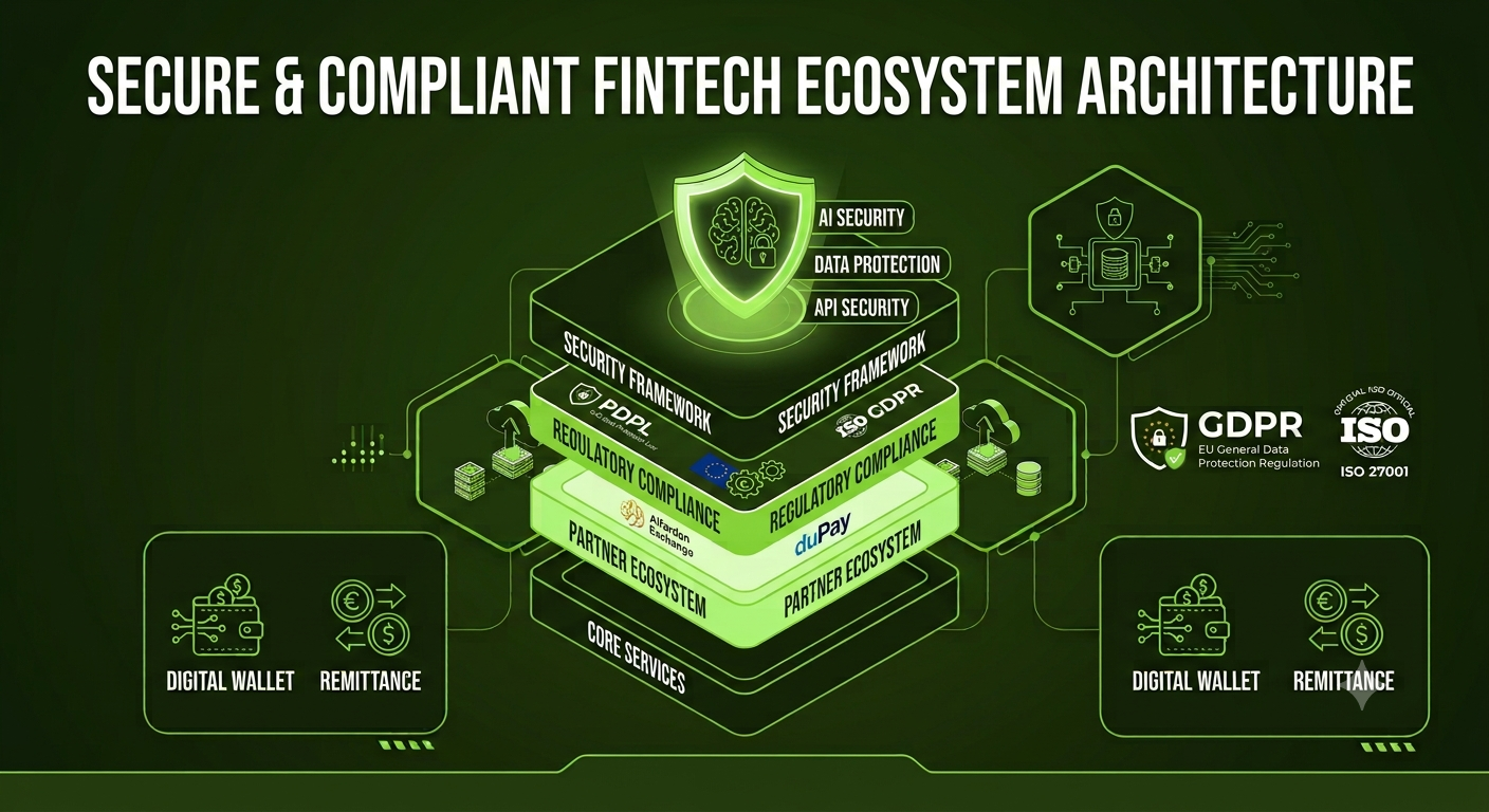 A detailed 3D stack infographic, titled "SECURE & COMPLIANT FINTECH ECOSYSTEM ARCHITECTURE," shows the layers of a financial technology system. The system rests on a base of "CORE SERVICES" and rises through "PARTNER ECOSYSTEM" with logos for Alfardan Exchange and duPay, "REGULATORY COMPLIANCE" with PDPL and ISO GDPR logos, to "SECURITY FRAMEWORK" with a brain icon for AI SECURITY and other protection labels. A central glowing shield protects the stack. Side components show data servers, GDPR and ISO seals, and icons for "DIGITAL WALLET" and "REMITTANCE." The overall aesthetic is dark green and technical with bright green glowing lines.