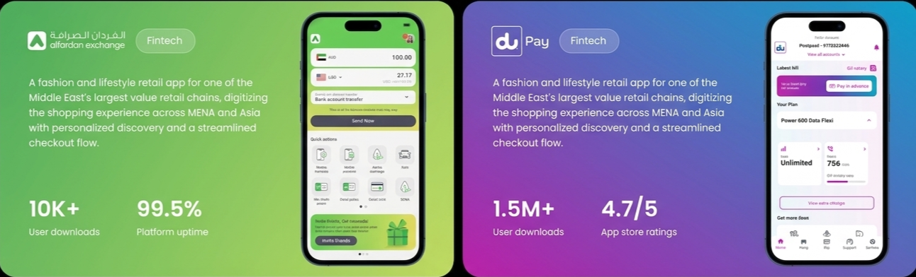 A professional portfolio collage, "Portfolio Collage (2).jpg," split into two sections showing case studies for a fashion and lifestyle retail app by Alfardan Exchange and du Pay. The Alfardan Exchange section has a green-to-blue gradient, text about digitizing the shopping experience, an iPhone showing currency exchange, 10K+ downloads,