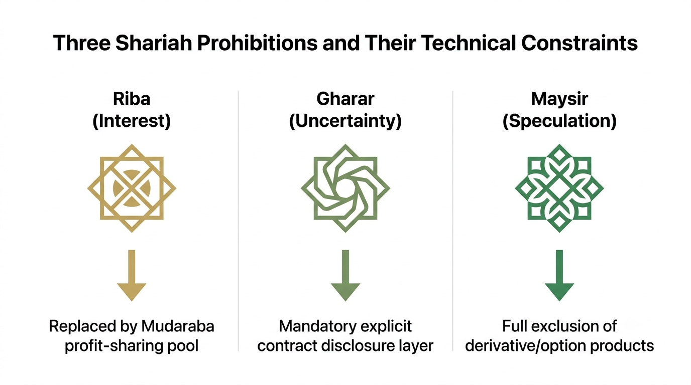 Table mapping Riba, Gharar, and Maysir to their technical implementation requirements in Islamic fintech apps. 